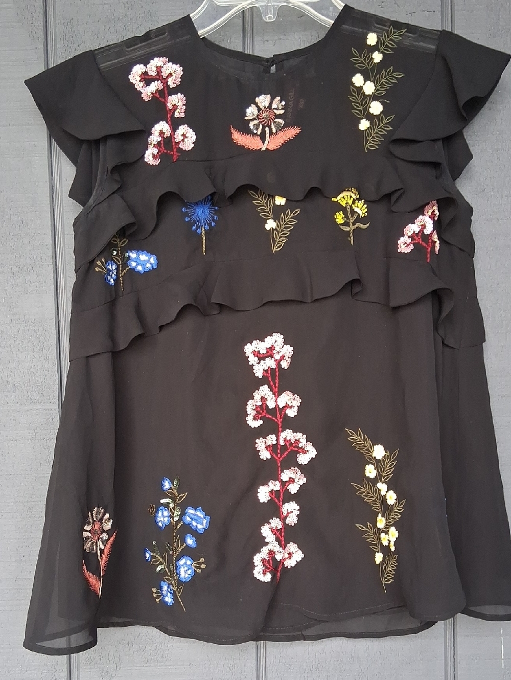 Black Floral Ruffle Embroidered Blouse - Women's